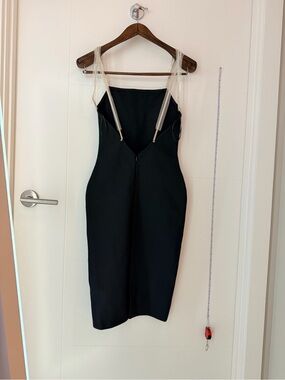 NWT Black Backless V Neck Curve Sleeveless Strappy Midi Dress Crystal Straps